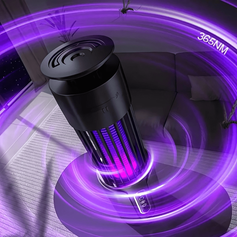 UV mosquito killer lamp emitting 365nm purple light wave to attract flying insects. Electric zapper for chemical-free mosquito control indoors.