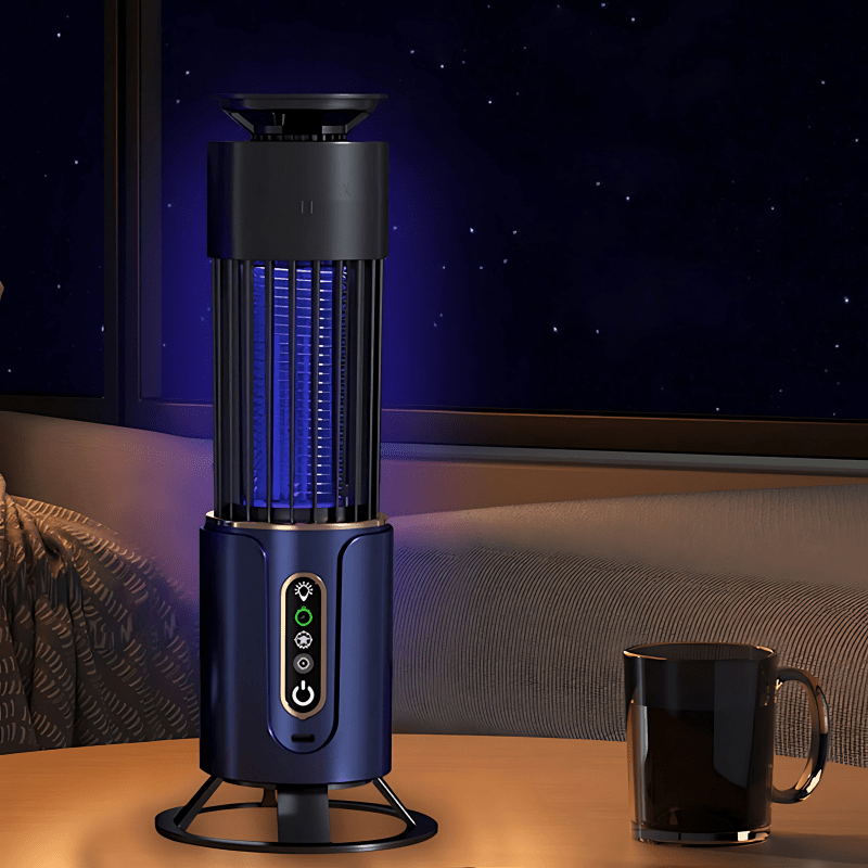 Electric mosquito killer lamp glowing at night on a bedside table. Quiet and chemical-free insect zapper ideal for bedrooms and indoor mosquito control.