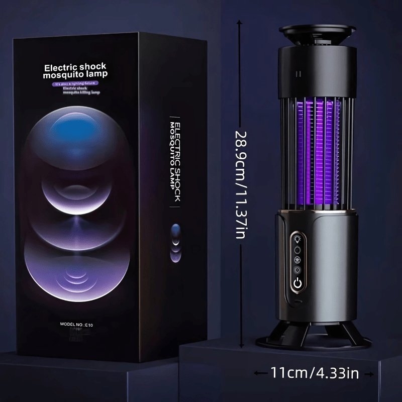 Electric mosquito zapper with packaging and dimensions (28.9cm x 11cm). UV light insect killer lamp with electric shock trap for mosquitoes and flies.