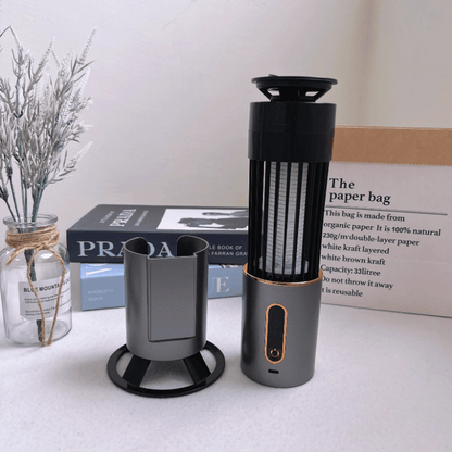 Portable mosquito zapper lamp with detachable parts, USB-C charging, and modern grey design. Ideal for bedrooms, desks, or travel. Eco-friendly and chemical-free insect killer.